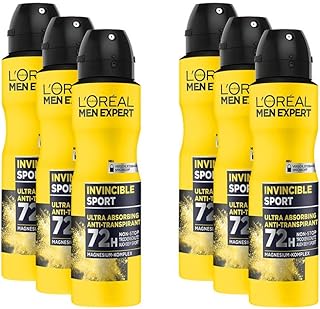 L'Oréal Men Expert Invincible Sport Antiperspirant Deodorant Spray with 72H Dry Protection , Pack of 6 X 150 ml