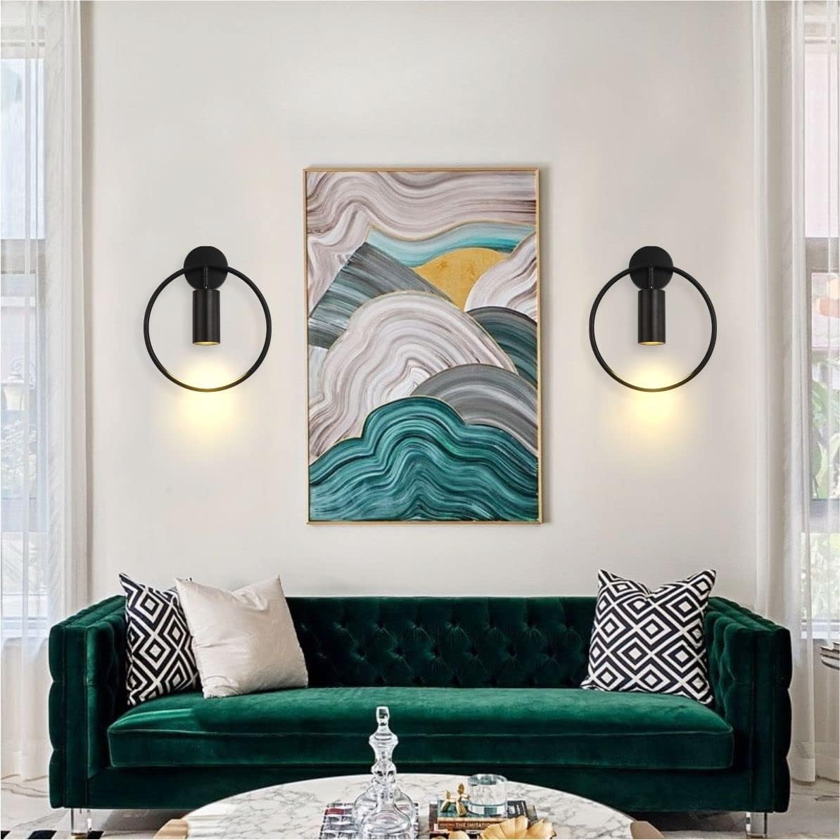 BOKT Modern Wall Light Fixture Mid Century Wall Sconces Metal Circular Wall Mount Light Vanity Light for Living Room, Bathroom, Hallway (Black, 2 Pack)