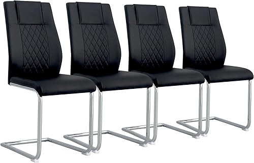 Juego de sillas de comedor  4 sillas de cocina negras con respaldo alto con asiento tapizado de piel sintética impermeable y patas de metal cromadas
