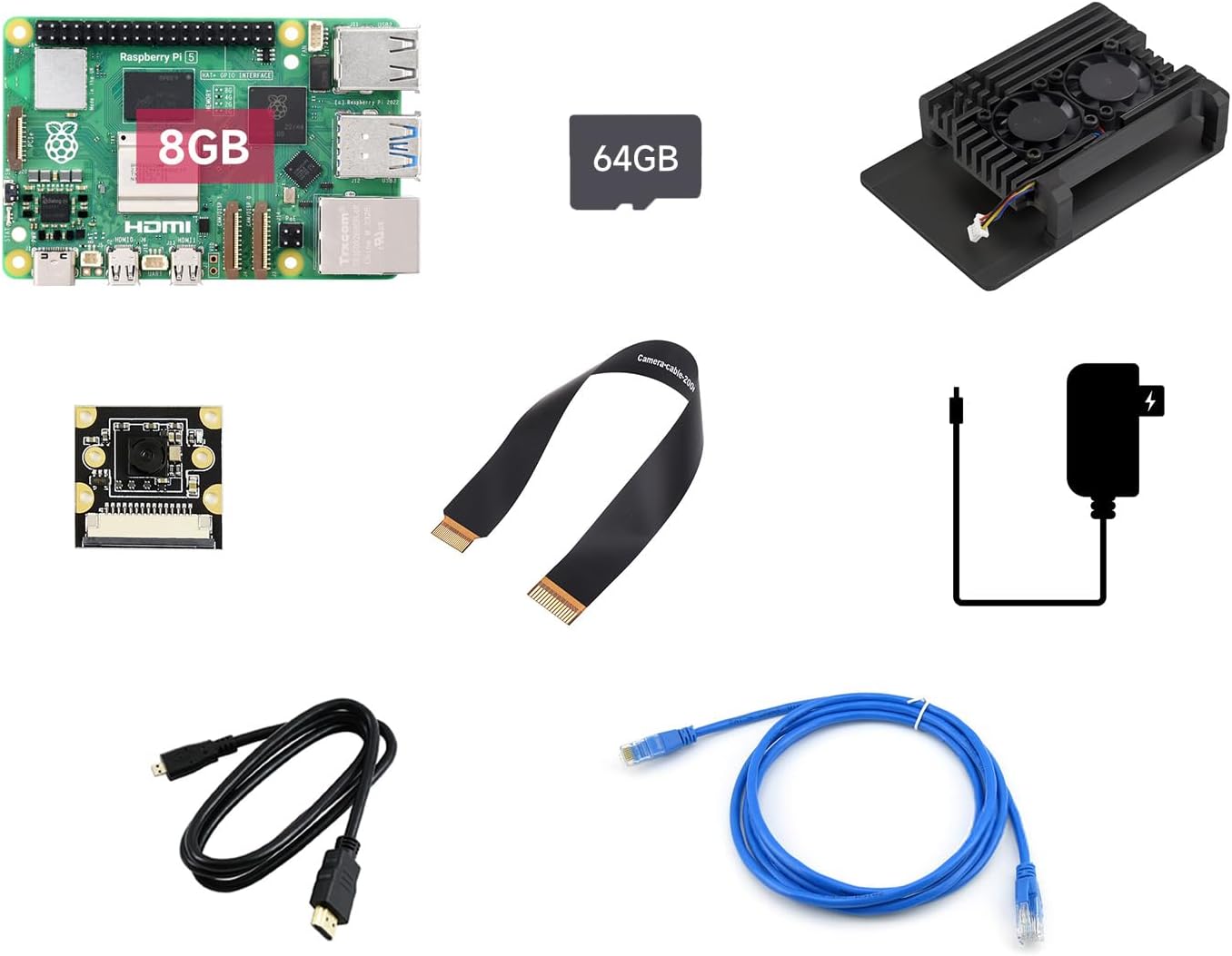 Waveshare Dual Camera Kit, Compatible with Raspberry Pi 5, Bundle with Raspberry Pi 5 8GB, 2pcs PI5-IMX219-120 Camera,TF Card 64GB, Power Supply and so on (8 Items)