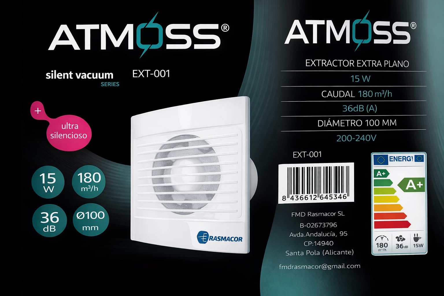 RASMACOR Aspiratore Aria 100 mm EXT-001 | 15W A+ Ultra silenzioso (36 dB) | Portata 180 m³/h | Extra piatto | Valvola di non ritorno & Griglia anti-insetti | Bagno, parete e soffitto