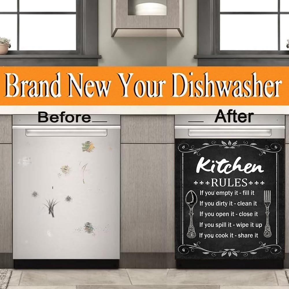 Funny Kitchen Rules Dishwasher Magnetic Cover for Front Door,Black Floral Refrigerator Magnet Retro Flower Sticker,Dishwasher Panel Decals for Appliance Decor 23x26 - Gifts for Women Mom