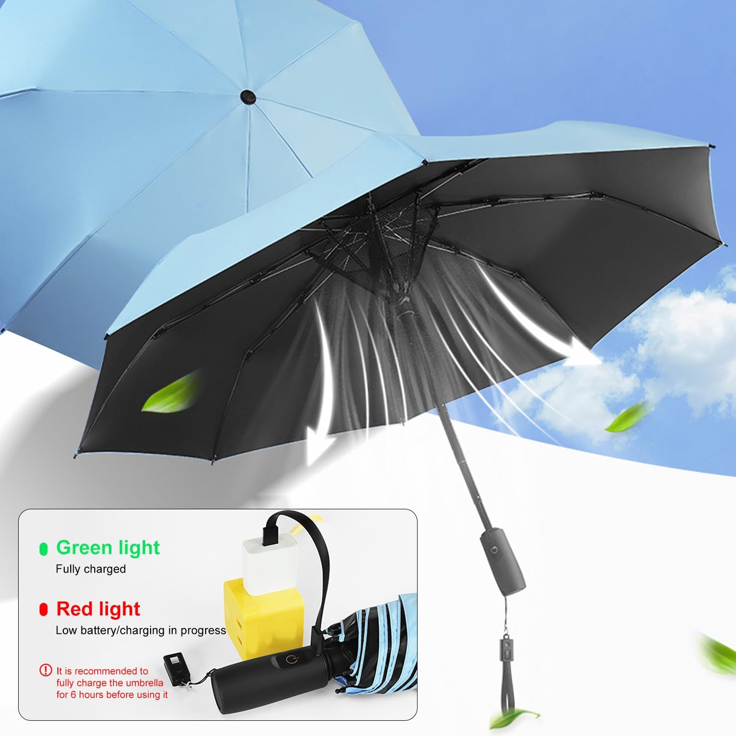 WOOLALA Portable Sun and Rain Umbrella with Personal Cooling Fan, UPF 50+, USB Rechargeable, Folding Compact Travel Umbrella for Hot Summer