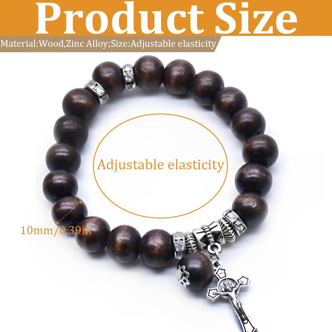 Perle in Legno per Rosario Cattolico con Croce in Bronzo Placcatura Bracciale Uomo Donna Marrone scuro
