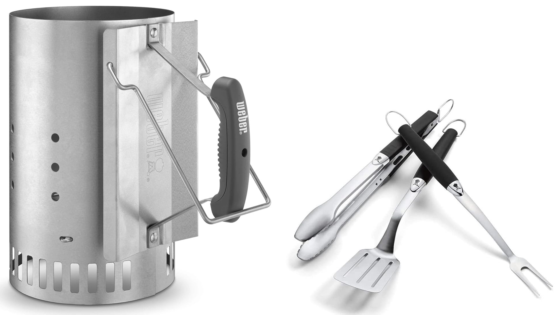 Weber Metal Chimney Starter Large Rapidfire (1.5 Kg, Black) & Weber Barbecue Tools Set 3 Piece (Stainless Steel) - Tong Spatula & Prong