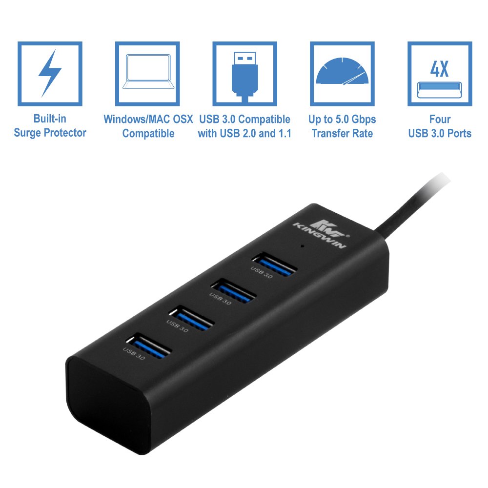 Kingwin USB Hub 4 Port USB 3.0 Data Hub Aluminum for Mobile SSD, MacBook, Mac Pro/Mini, iMac, Chromebook, Surface Pro, USB Flash Drives, Notebook PC, XPS, and More (KWZ-400-BK) - 4