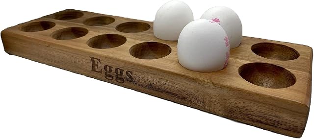 DJ&S Wooden egg tray, Solid wooden 12 hole egg holder, made from 100% solid Acacia, Brown