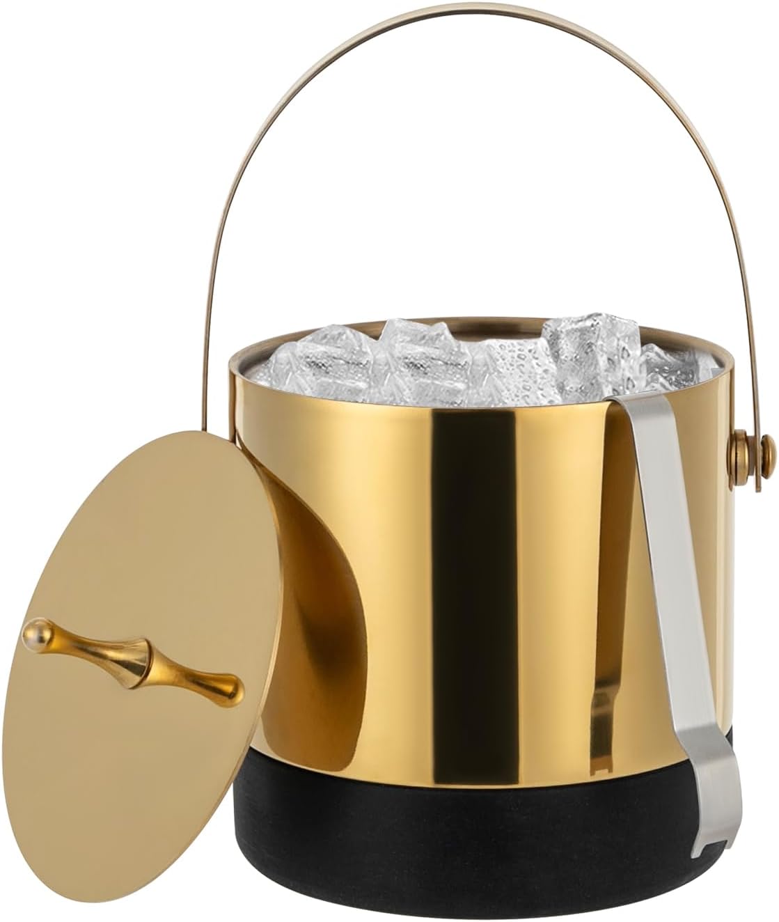 DYNAMI Mini Insulated Ice Bucket with Lid and Handle,1.4L/0.4gal Small Thickened Stainless Steel Ice Container with Ice Tongs&Strainer,Anti-slip Rubber Bottom,5.4"W*5.4"H (Gold)