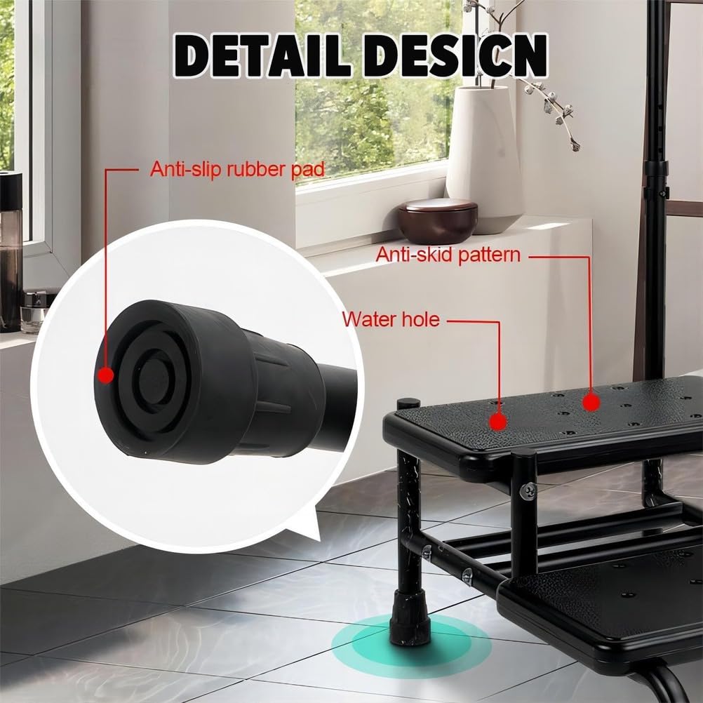 Taburete ajustable con pasamanos y plataforma antideslizante para mayor seguridad en dormitorio, cocina y baño
