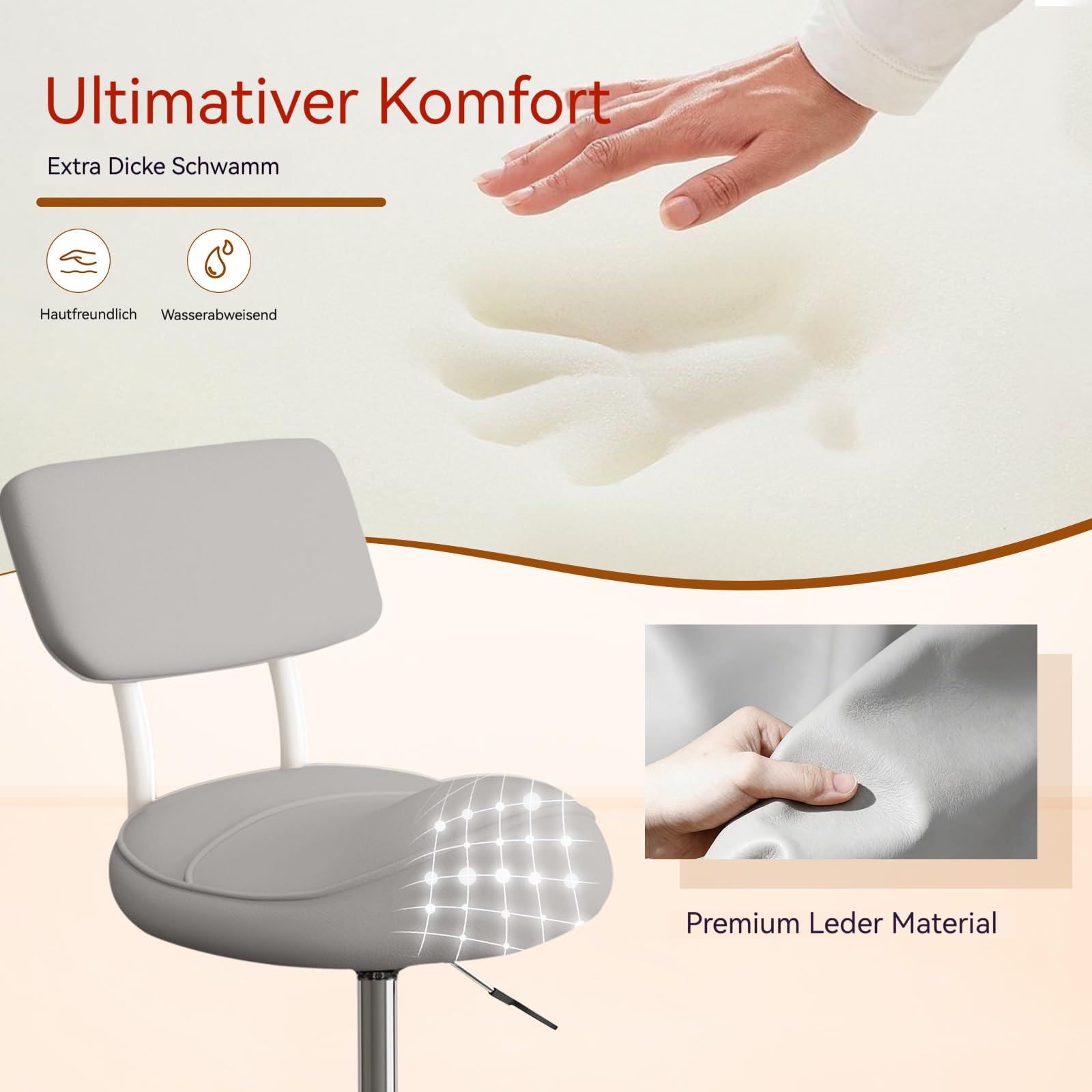 Sattelhocker mit Rückenlehne, gepolsterter Sitz, ergonomischer Schreibtischstuhl, Rollhocker mit Rollen für Friseur, Zahnarzt, Spa, Massage, Büro & Zuhause