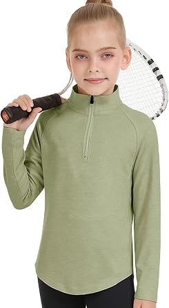 Girls Fashion Shirts Long Sleeve 1/4 Zip Pullover Trendy Tshirt Kids Cute Fall Athletic Workout Tops Basic Tees 5-14 Years