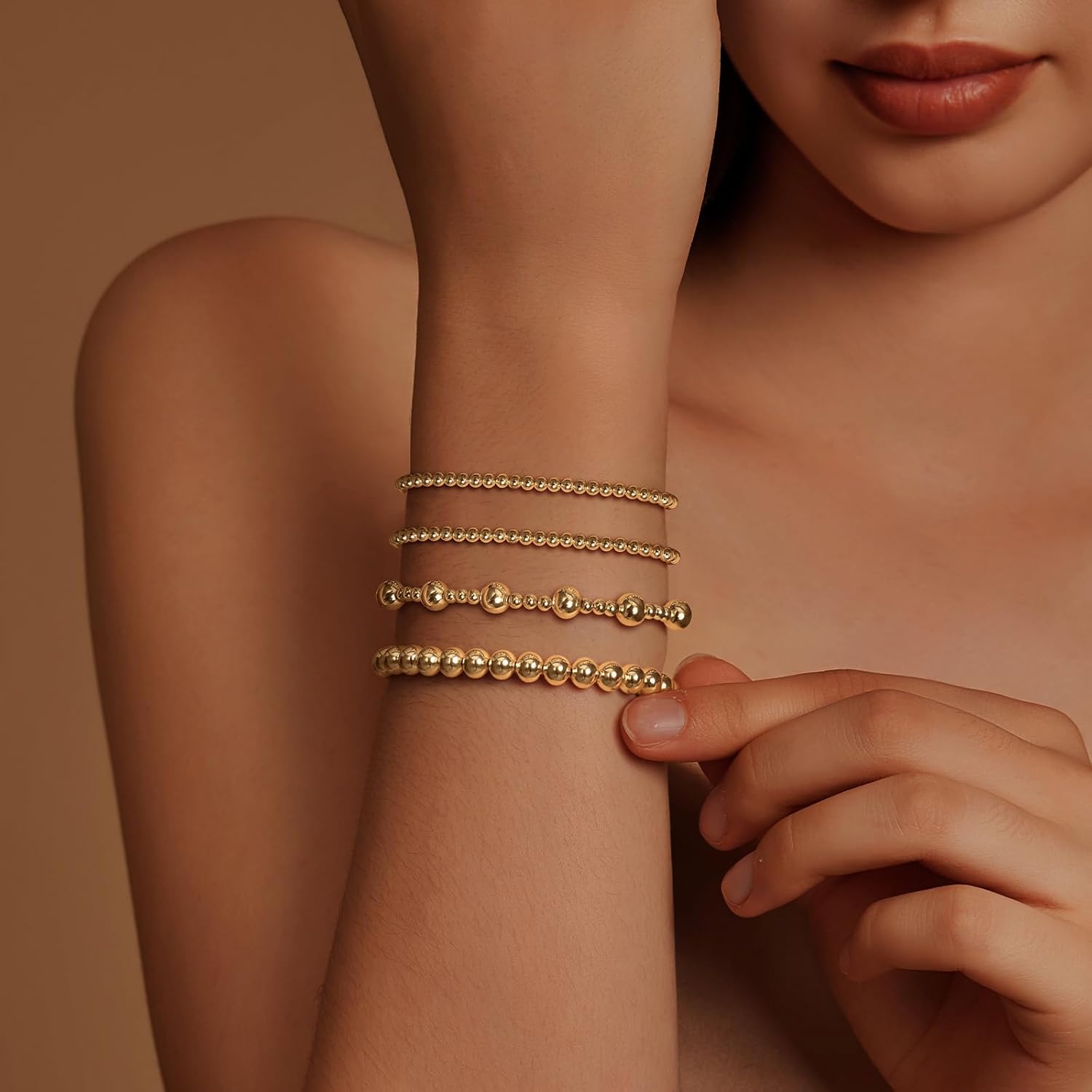 IMBOS Gold Bracelets for Women 14K Gold Plated Cross Bracelet Strand Bead Ball Bracelets stack Set Chunky Chain Bracelet Trendy Adjustable Jewelry Sets for Womens Gifts - Image 3