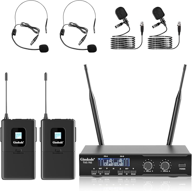Gimkuls Dual-Channel UHF Wireless Lavalier Microphone System for Church | Complete 4-in-1 Kit: 2 Bodypacks, 2 Headset Mics, 2 Lapel Mics, 200 Frequencies, XLR/6.35 mm for Teaching and Presentations