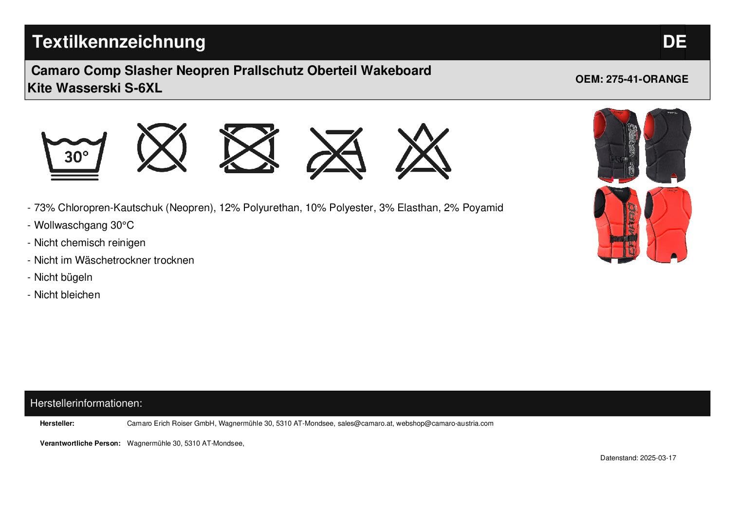 Camaro Comp Slasher Haut de protection en néoprène wakeboard kite ski nautique Noir/orange Taille L