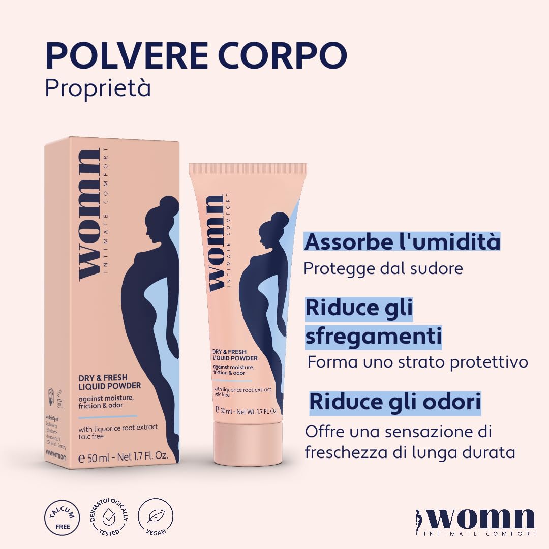 womn Intimate Comfort Dry & Fresh Liquid Powder 50 ml – Polvere Liquida Senza Talco per Zona Intima, Inguine e Sotto il Seno – Assorbe il Sudore, Riduce Sfregamenti e Odori
