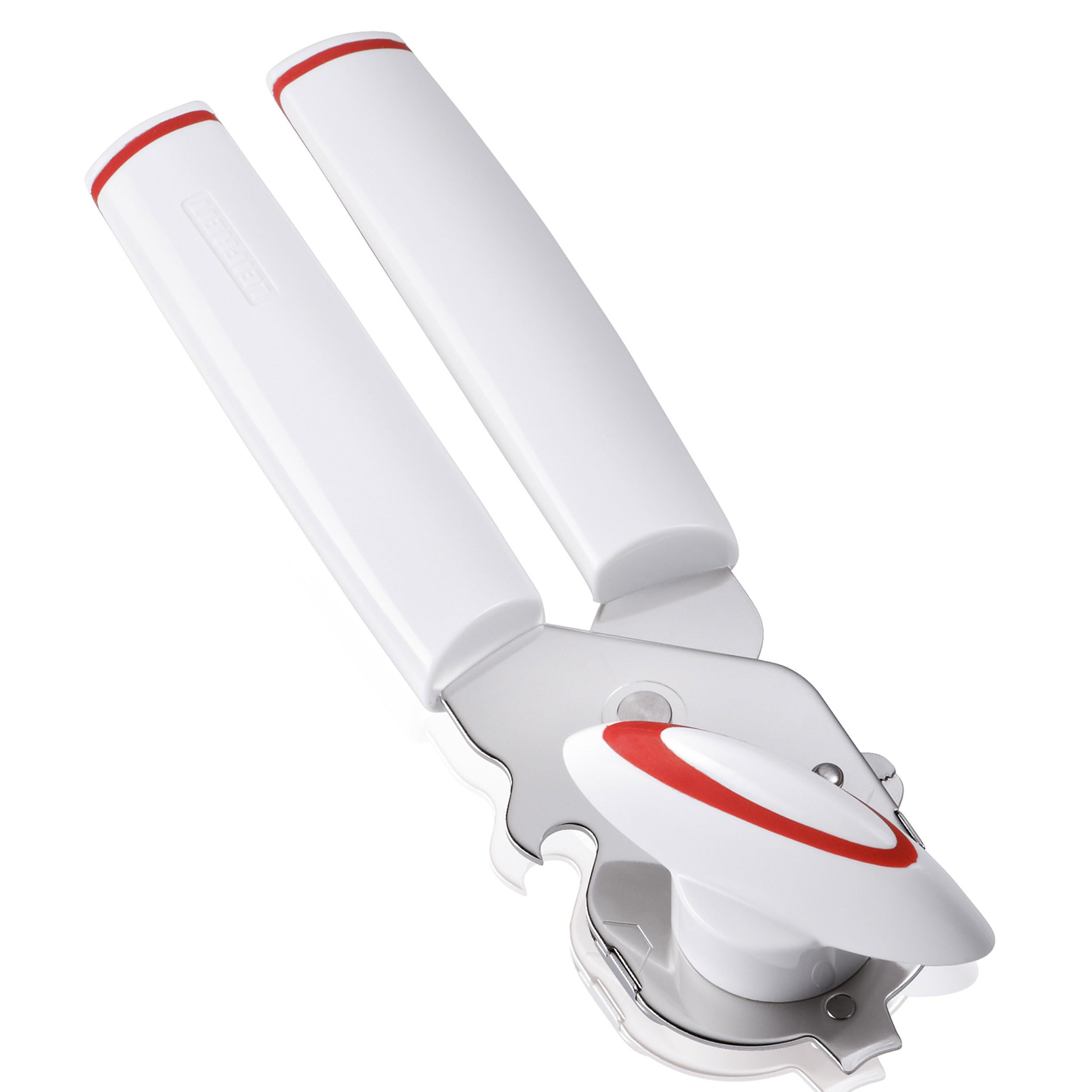 Leifheit Ouvre-boîte Safety ComfortLine, Ouvre boite de conserve sans effort et sans bords tranchants, Ouvre boite manuel avec molette de découpe en acier trempé, ouvre couvercle, décapsuleur intégré