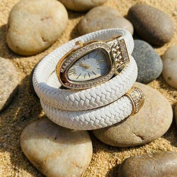 Image of Serpentine Snake Watch for Women with Spiral Wrap Bracelet, Roman Numeral Dial, Quartz Movement Metal Bezel Wrist Watch