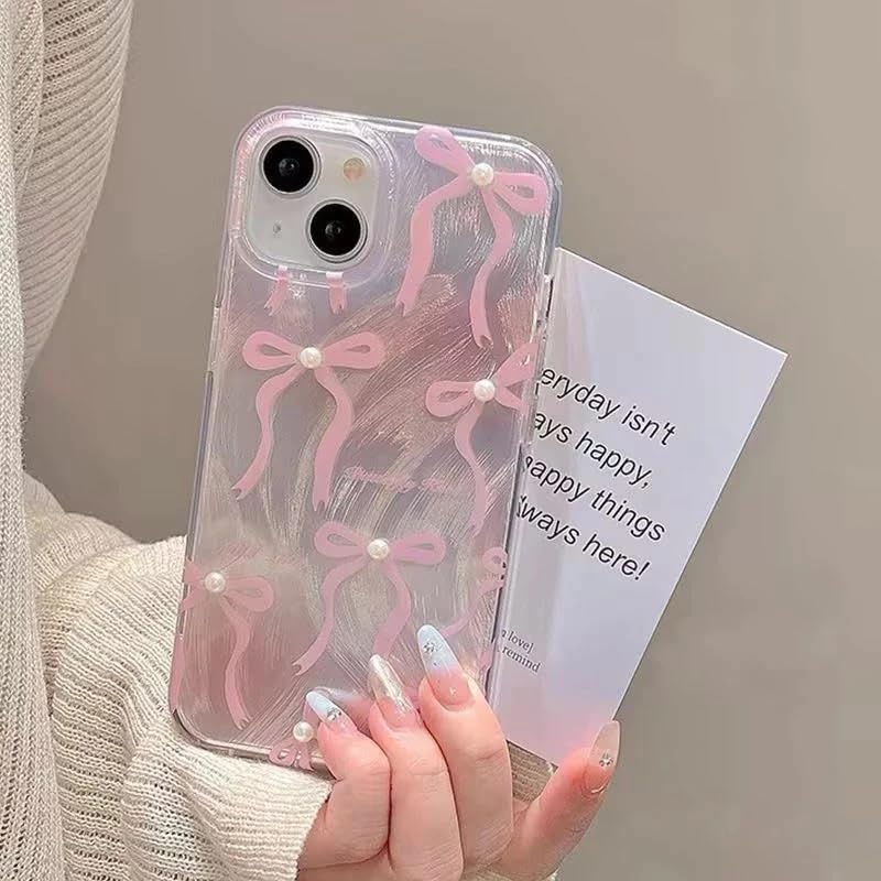Image of COVERLY Luxury Bow & Pearl Aesthetic Designer Back Cover for iPhone 12 Pro - Slim Shockproof Soft TPU Case with Handcrafted Real Pearl Accents & Coquette Ribbon Art (Blush Pink & Pearlescent White)