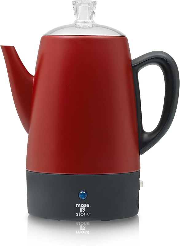 Moss & Stone Cafetera percoladora eléctrica roja de 10 tazas, acero inoxidable | Cafetera eléctrica con función de mantener caliente, cesta extraíble, diseño clásico de cafetera, ideal para el hogar o la oficina