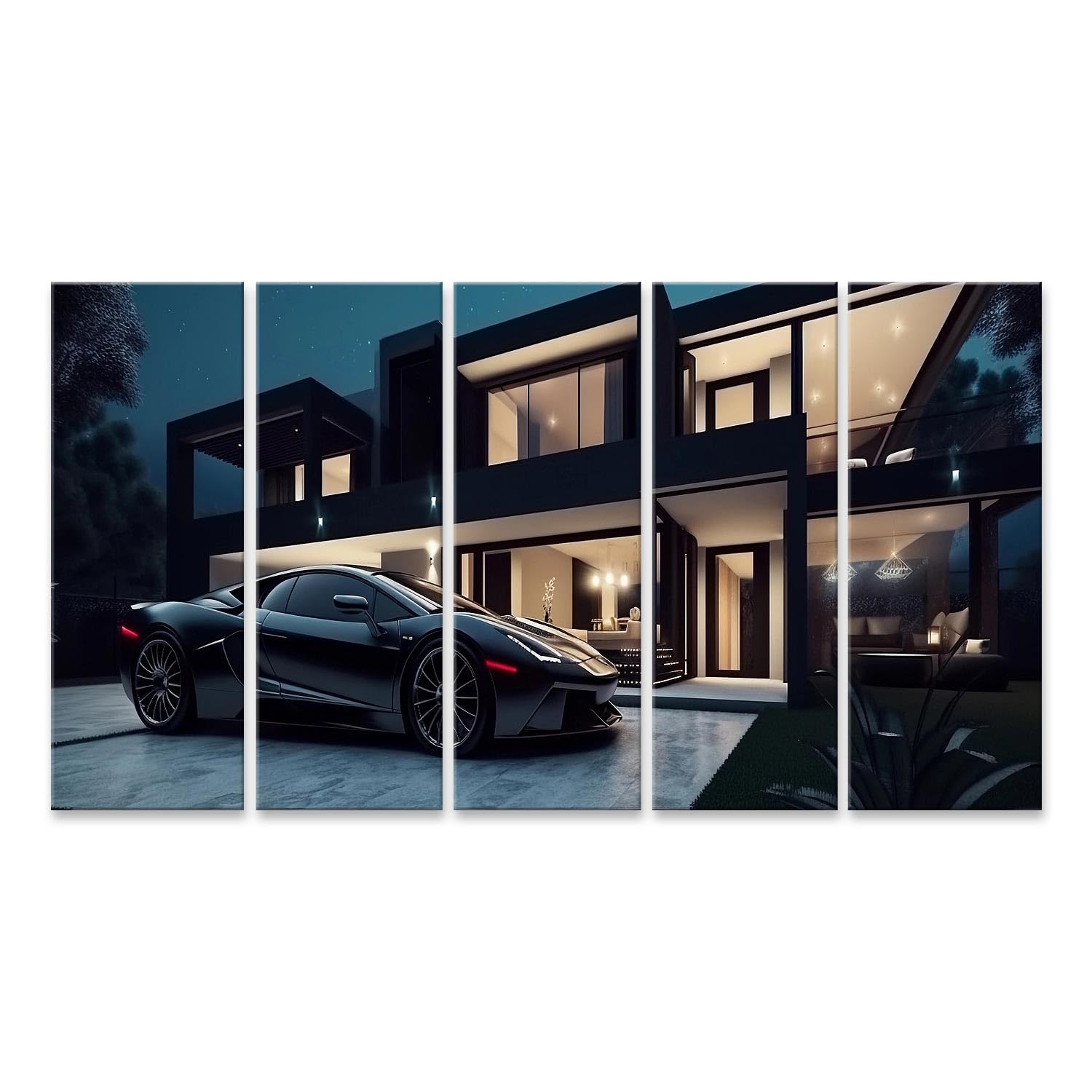 Images murales maison moderne et voiture électrique pour salon design