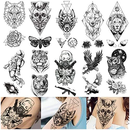 Amazon Co Jp Vantaty 10枚セット 幾何 スター タトゥーシール ライオン キング ギャング デス 頭脳 一時的 タトゥー ステッカー 男性向け トラ プラネット 熊 フクロウ 蛾 女性 アーム 防水 フェイク タトゥー 手首 アート 海ワシ Akガン 大人 Temporary Tattoo
