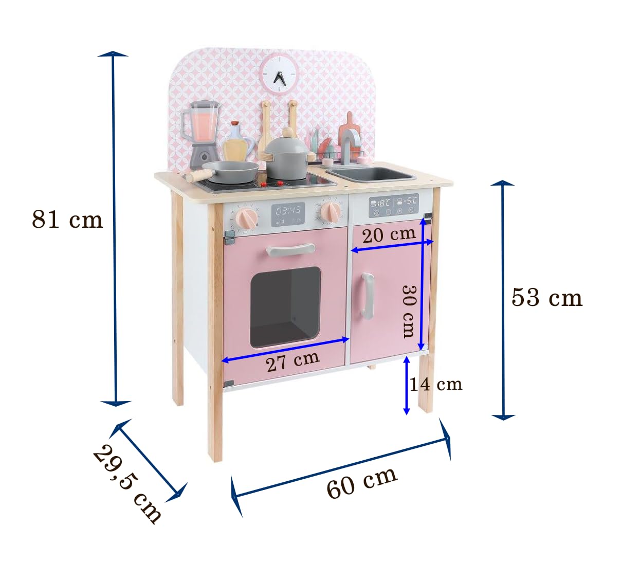 Leomark Cuisine en bois pour enfants avec ensemble – Menfi Pink – Jeu de rôle pour enfants, jeu de rôle, horloge, four, réfrigérateur, dimensions : 60 x 29,5 x 81 cm