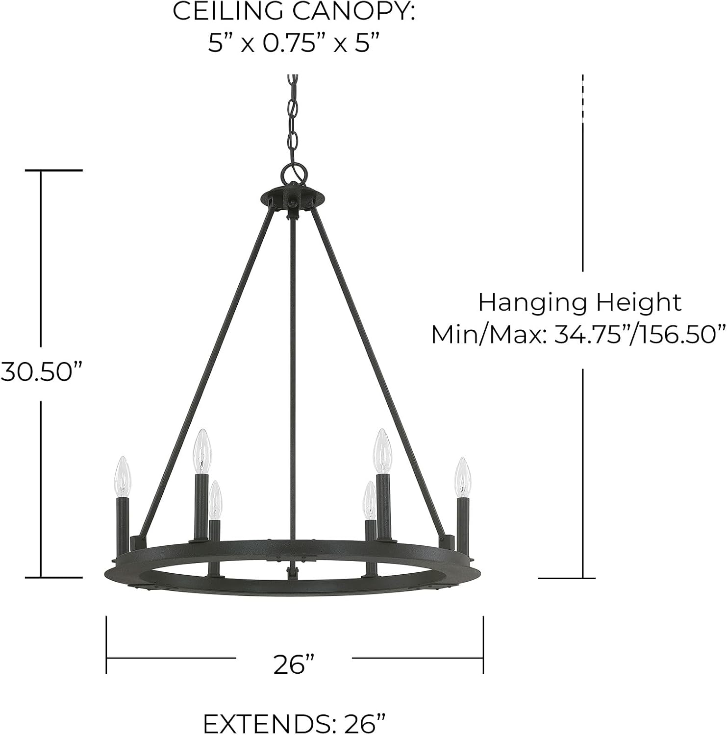 Capital Lighting 4916BI-000 Pearson Urban/Industrial Minimalistic Candle Chandelier, 6-Light 360 Total Watts, 31" H x 26" W, Black Iron