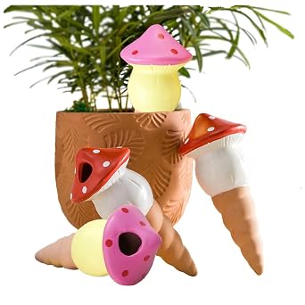 4 Pack Automatic Plant Watering Spikes, Mushroom Shaped Garden Plant Waterer, Water Drip Irrigation Device for Pot Plants2 white + 2 yellow
