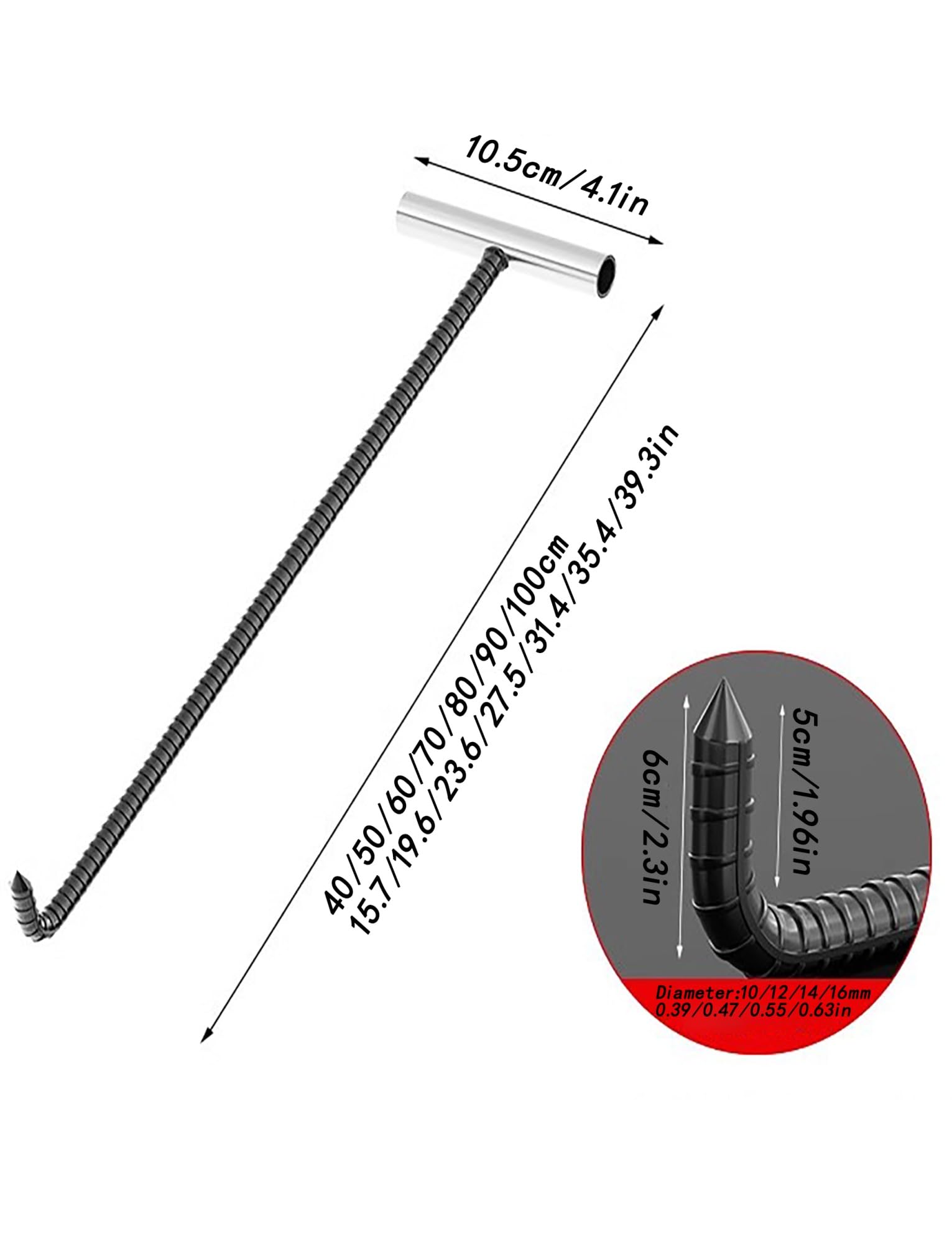Hak do podnoszenia płyt kanalizacyjnych ze stali nierdzewnej - hak podnoszący z uchwytem T do trampolin i płyt kanalizacyjnych, średnica 14 mm, długość 60 cm (23,6") - narzędzie do podnoszenia r