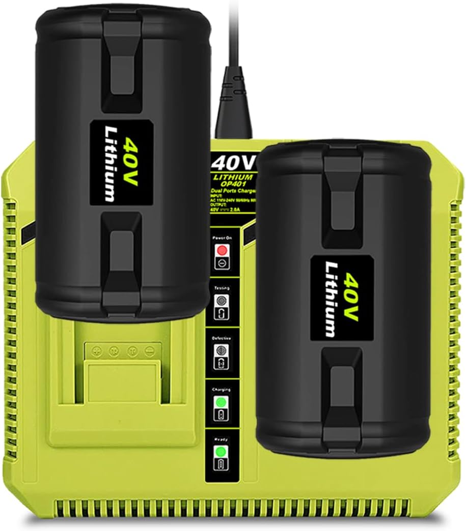 2 Pack 6.5Ah 40V Lithium Ion Battery and Dual Charger for Ryobi 40V 6Ah 5Ah 4Ah 3Ah 2Ah Battery and Charger Combo Kit OP4060A1 OP4050A OP4040 OP401 40V Dual Charger