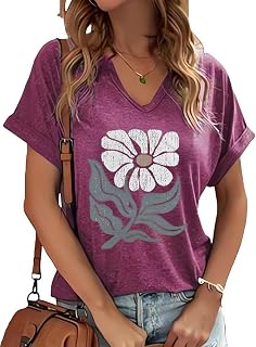 PUCKOLITY Vintage Flowers V Neck Shirt for Women Boho Floral Wildflowers Graphic Tee Casual Cottagecore Summer T Shirt