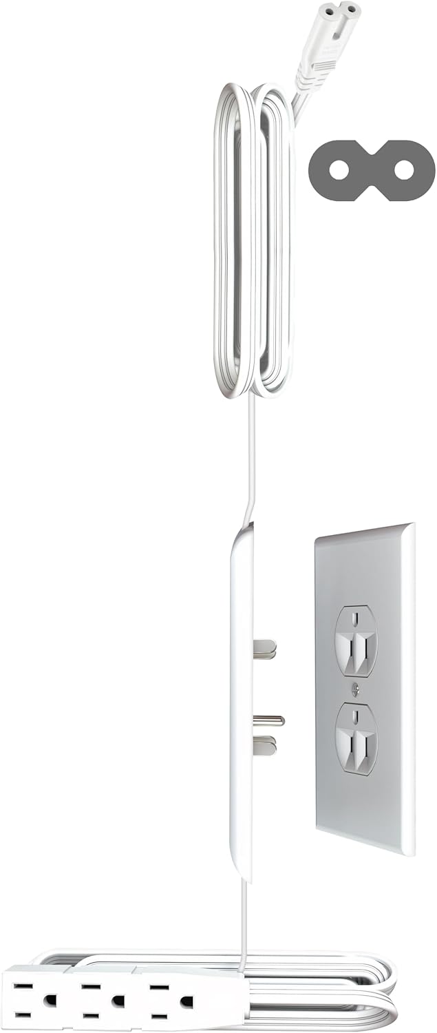 Sleek Socket Original & Patented Ultra-Thin Outlet Concealer with Cord Concealer Kit, Top 6 Foot A/C Power Cord for Mounted TV with C7 or C13 Connector, Bottom 5 Foot Cord, 3 Outlet Power Strip