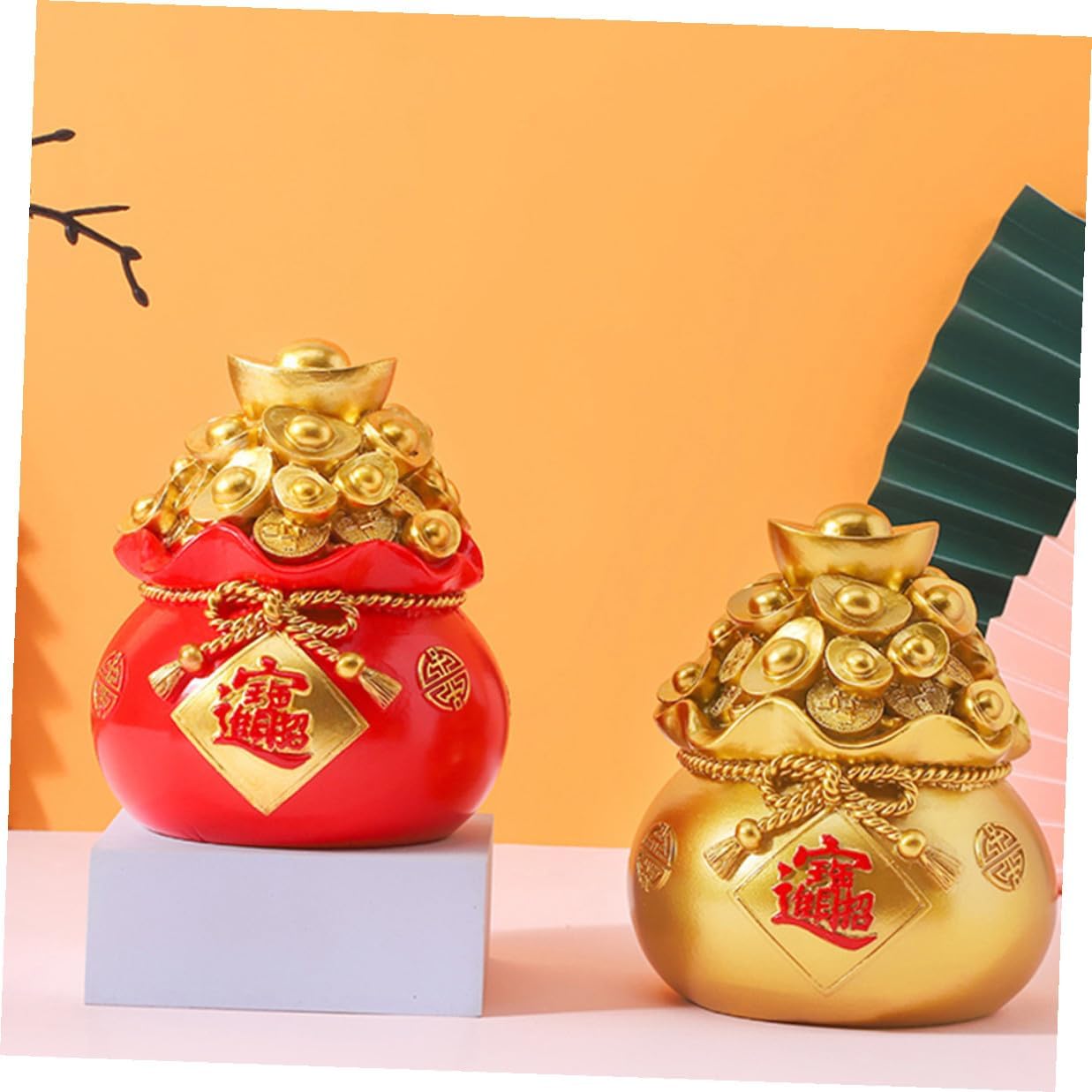 2 Pcs Red Resin Fortune Bucket and Bag Piggy Bank Year Coin Storage Jars Festive Desktop Money Banks for Adults Savings Jar for Home and Office Decor