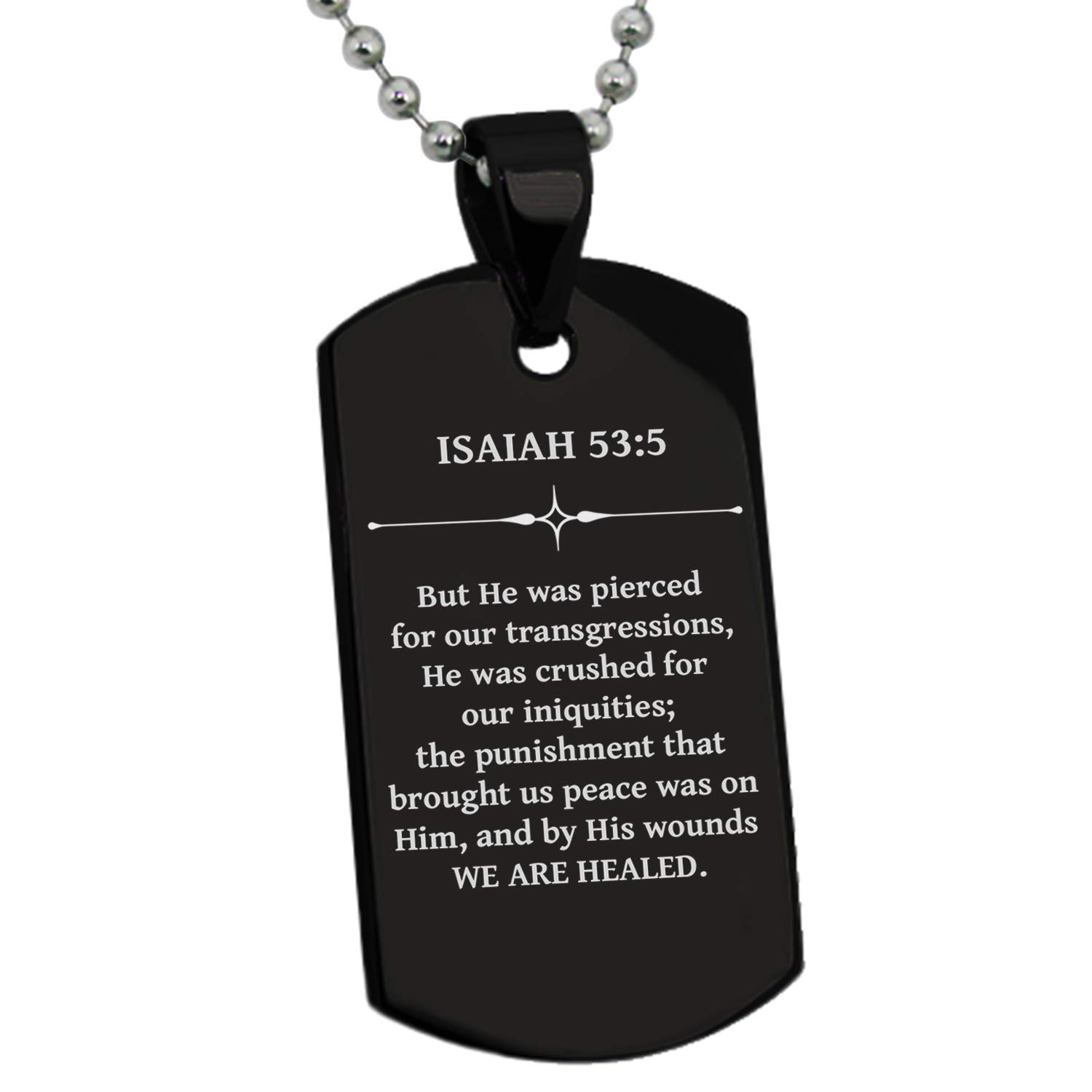 Tioneer Black Stainless Steel We Are Healed Isaiah 53:5 Dog Tag Pendant Necklace