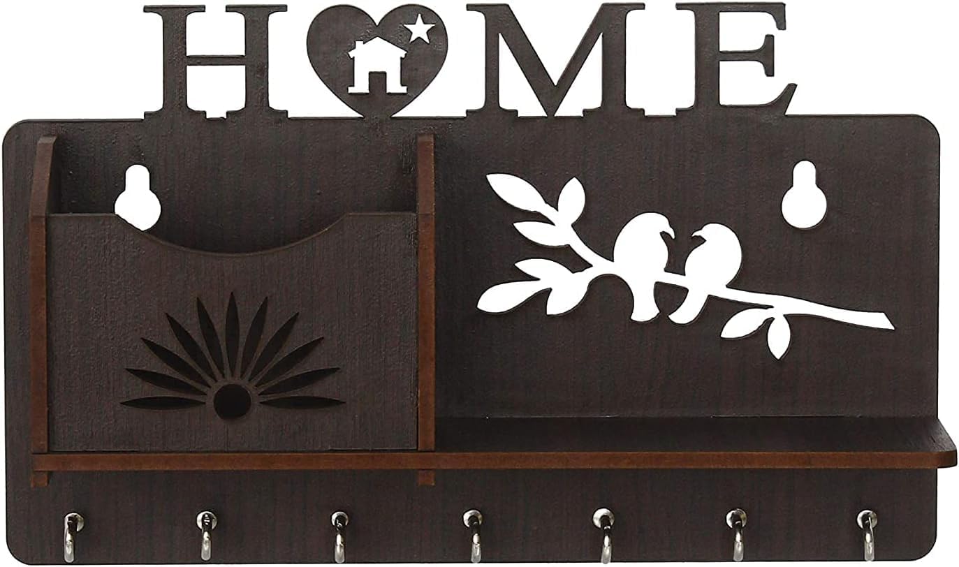 Wall Mounted Key Holder with Shelf, Wooden Home Decor, 7 Hooks, Brown