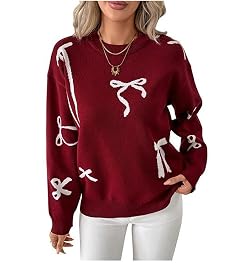 Bow Sweater for Women Oversized Y2k Sweaters Long Sleeve Crew Neck Knit Pullover Tops Aesthetic Trendy
