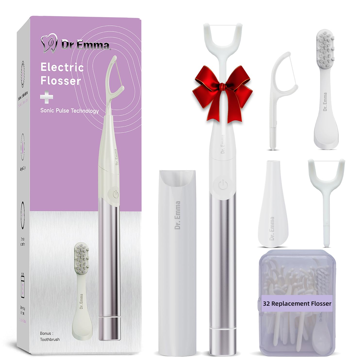 Dr. Emma Electric Vibration Flosser with Replaceable Floss Picks and Toothbrush, Power Flosser for Adults, Dental Flosser Kit for Teeth Cleaning, Water Flosser Alternative, Purple
