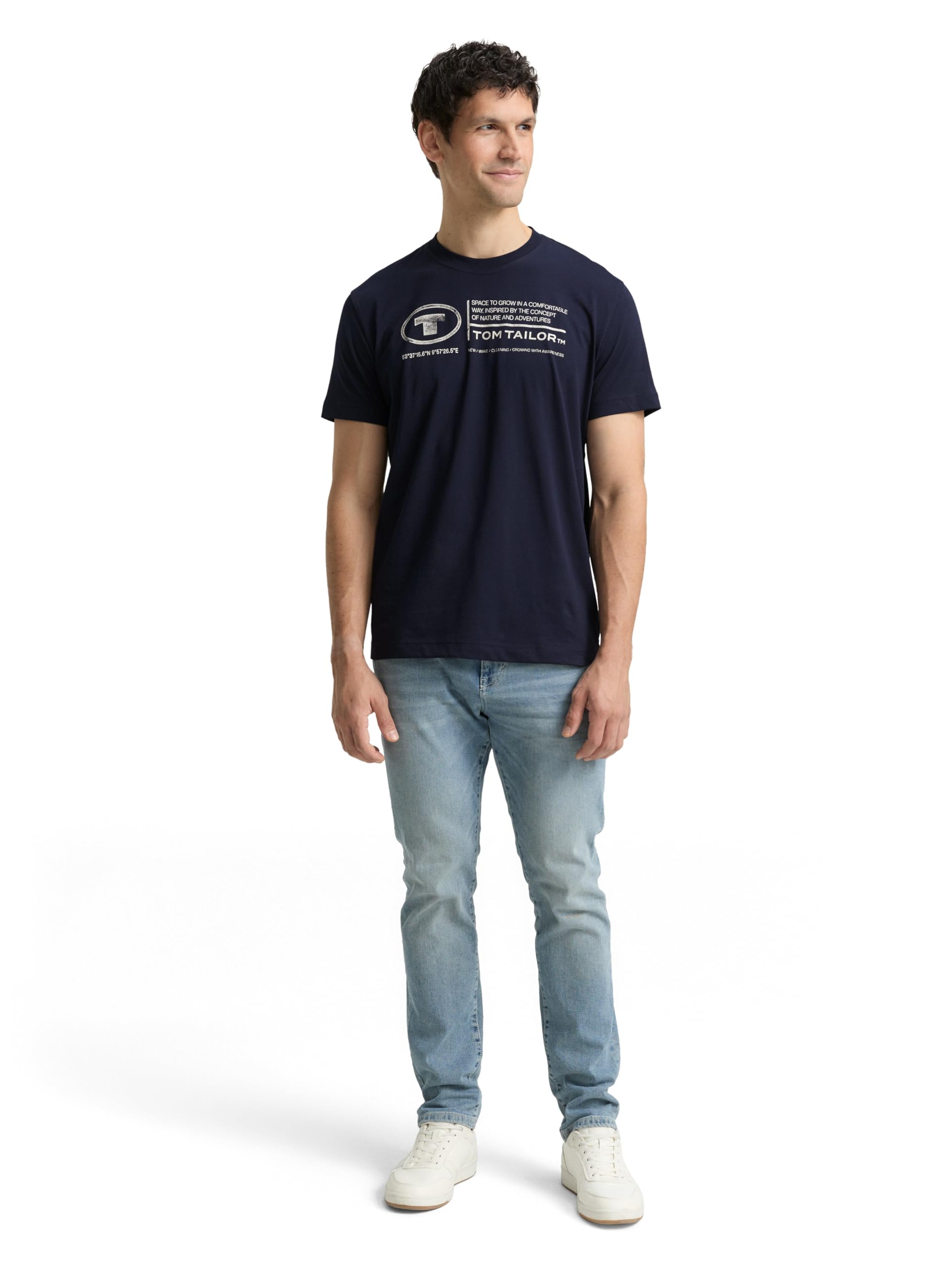 TOM TAILOR Herren Basic T-Shirt mit Print aus Baumwolle, sky captain blue, XL – Ansicht 2