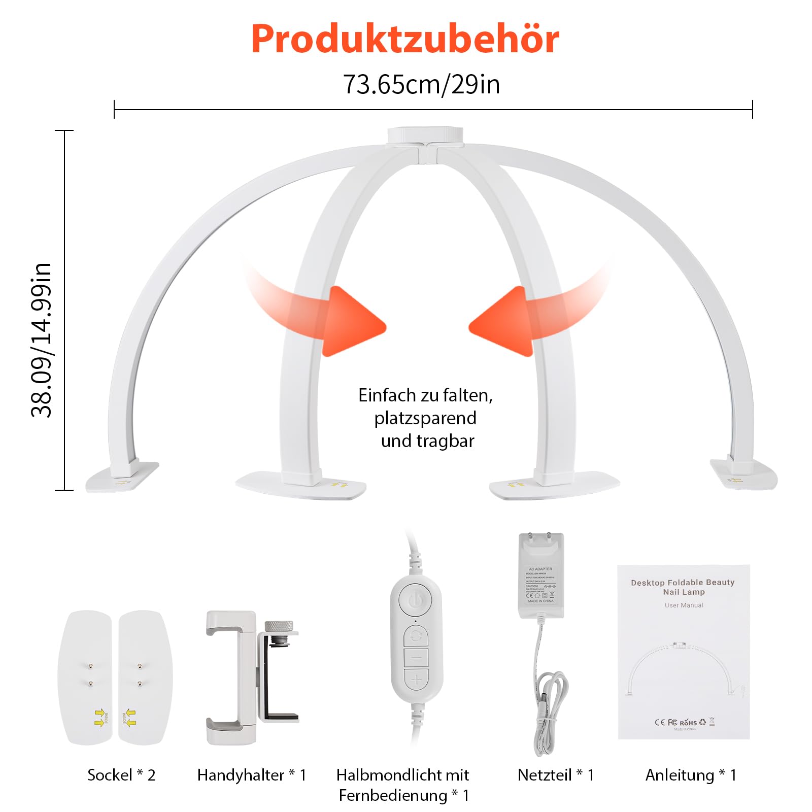 Halbmond Lampe für Nagel Schreibtisch,Faltbare LED Nageltischlampe für Nail Tech mit Telefonhalter,Nageltisch lampe mit 3 Farbmodi 10 Helligkeiten für Schönheit/Wimpern [E](Halbmond -Weiß)