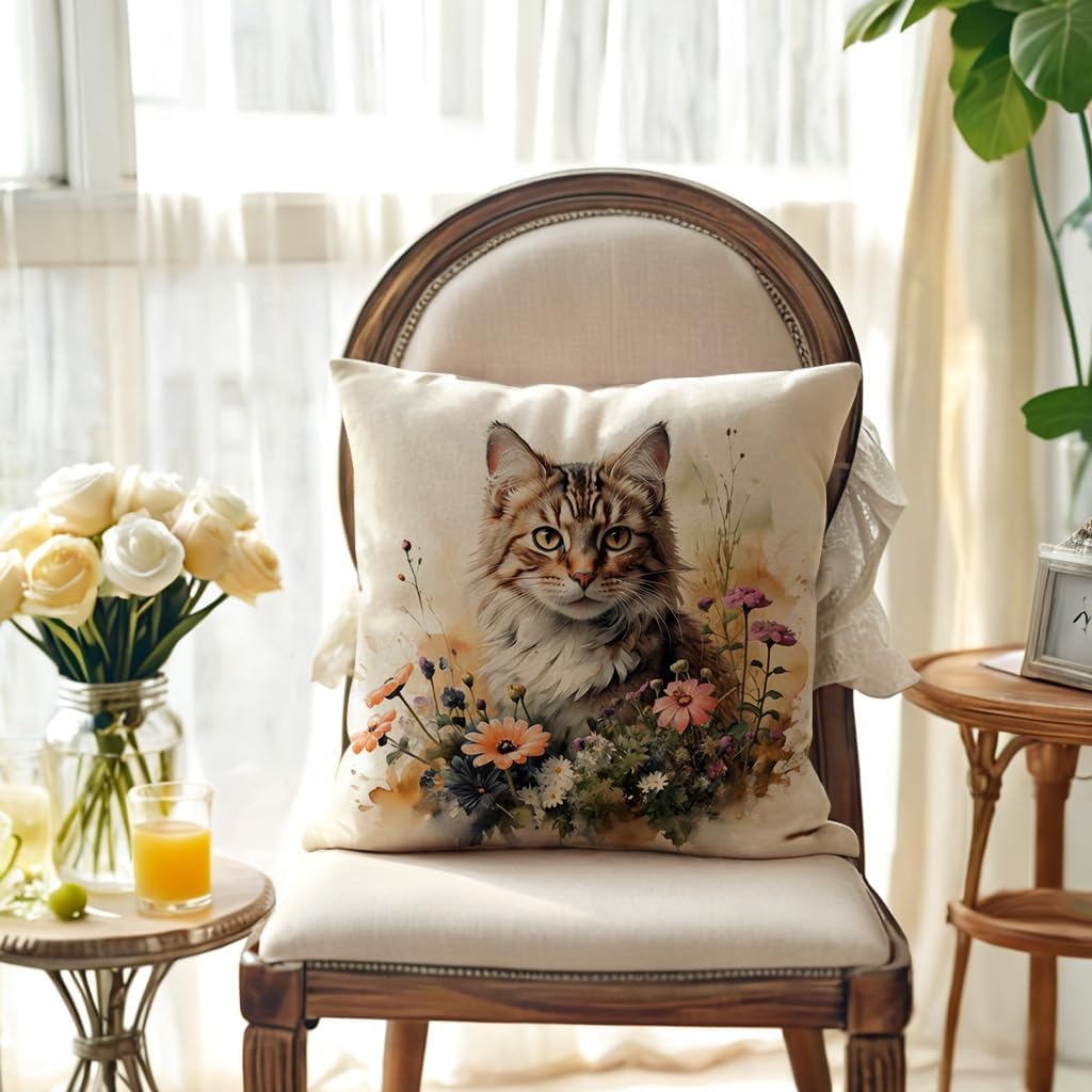 Cat Decorative Throw Pillow Cover with Floral Farmhouse Decor Pillow Cases for Sofa Couch Porch Patio Spring Summer Cushion Covers,18 x 18 inches (Brown/Orange, 18×18) image 2