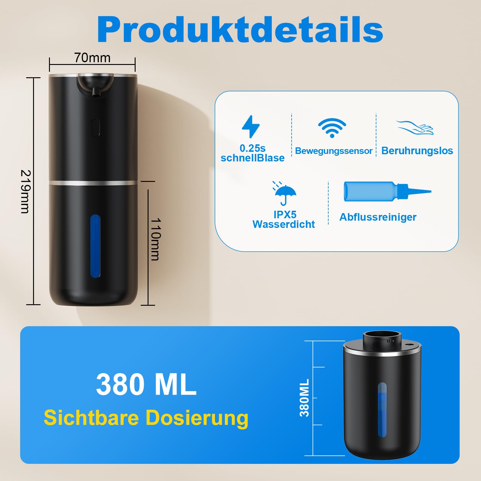Fantictas Seifenspender Automatisch, Elektrischer Schaumseifenspender mit Display, USB-Wiederaufladbarer,6-Stufig Einstellbar, 380ml Wandmontage für Badezimmer/Küche/Geschirrspülmittel, Schwarz