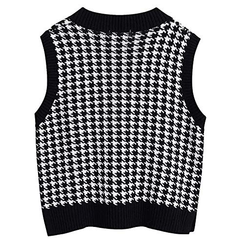 Women's Casual Cute V-Neck Sweater Vest Teen Girls Fashion Leopard Stitching Loose Collision Color Sleeveless Comfy Stretch Warm Lightweight Tunic Shirt Tops(Black,Small) #TOP1