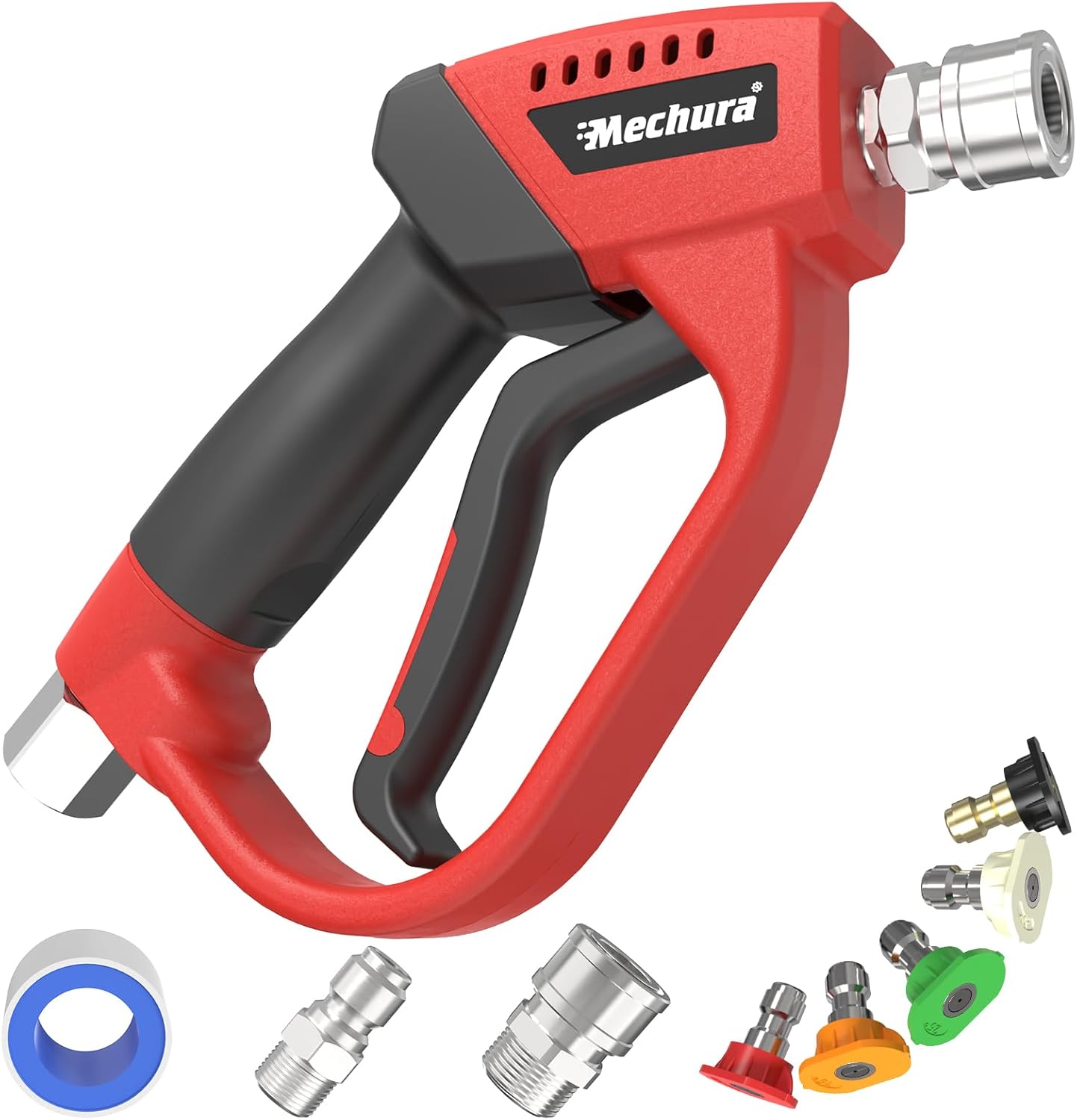 Pressure Washer Gun 5000 PSI, 360° Swivel Gun, Pressure Washer Accessories with 1/4" Quick Connect Outlet, Stubby Pressure Washer Gun with 5 Nozzle Tips, 3/8" Plug & M22-14mm Adapter