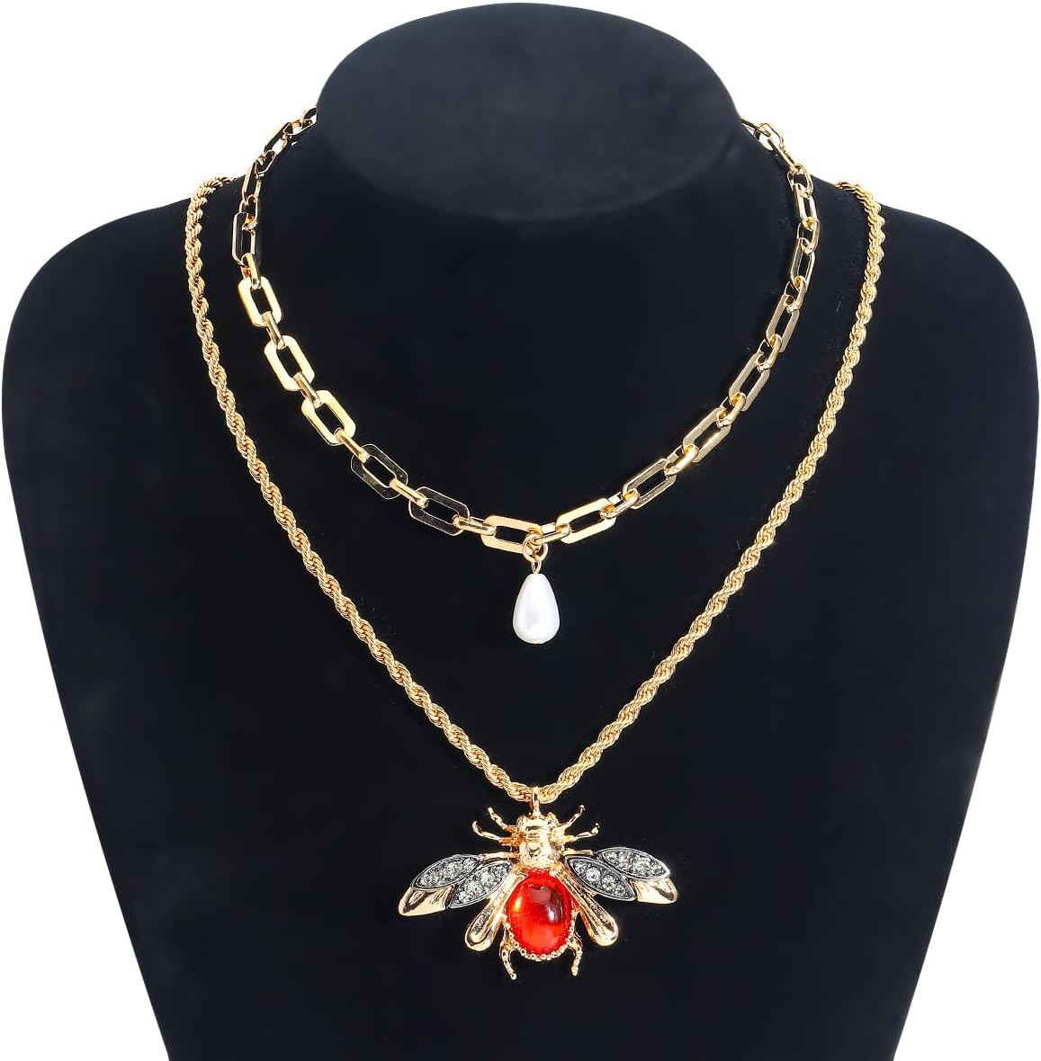 Gold Bee Pearl Pendant Chain Link Necklace for Women, Double Layered Chain Jewelry, Adjustable Length Elegant Necklace Gift for Birthday Wedding Anniversary - Image 5