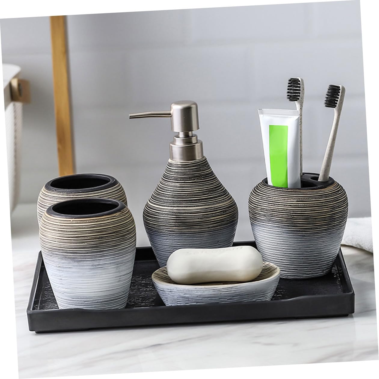 USHOBE 5 Pezzi Set da Bagno in Ceramica Leggero Porta Spazzolini e Portasapone per Bagno e Viaggio