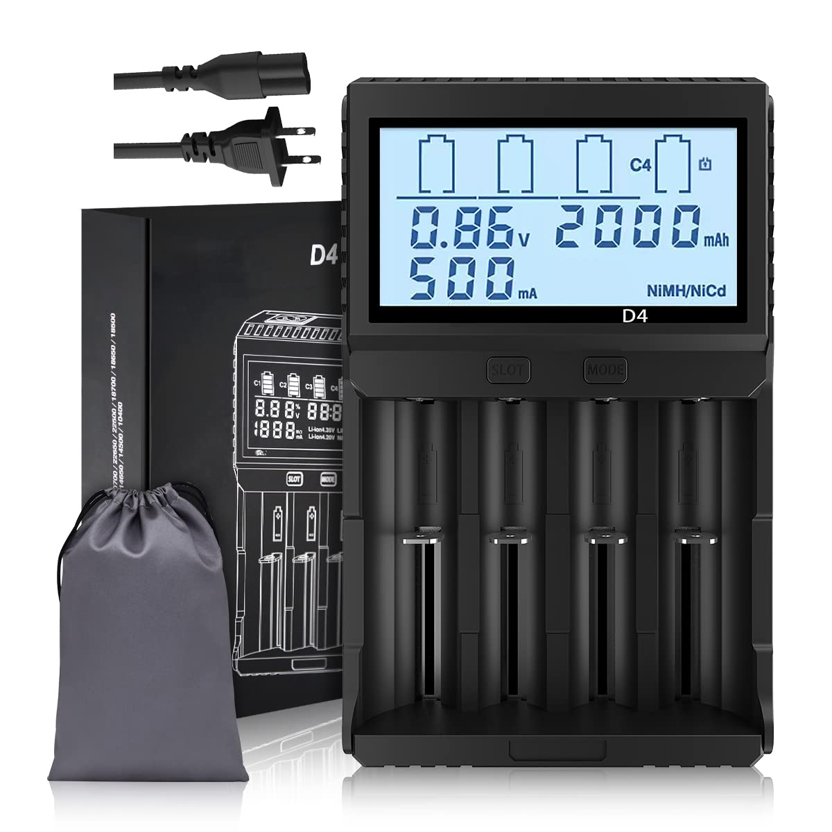 18650 Battery Charger,AA Battery Charger for 3.7V Rechargeable Battery LiFePO4 IMR 18650 14500 16340 RCR123A 21700 26650 Ni-MH Ni-CD AA AAA Batteries LCD Display and Testing Functions (4 Bay)