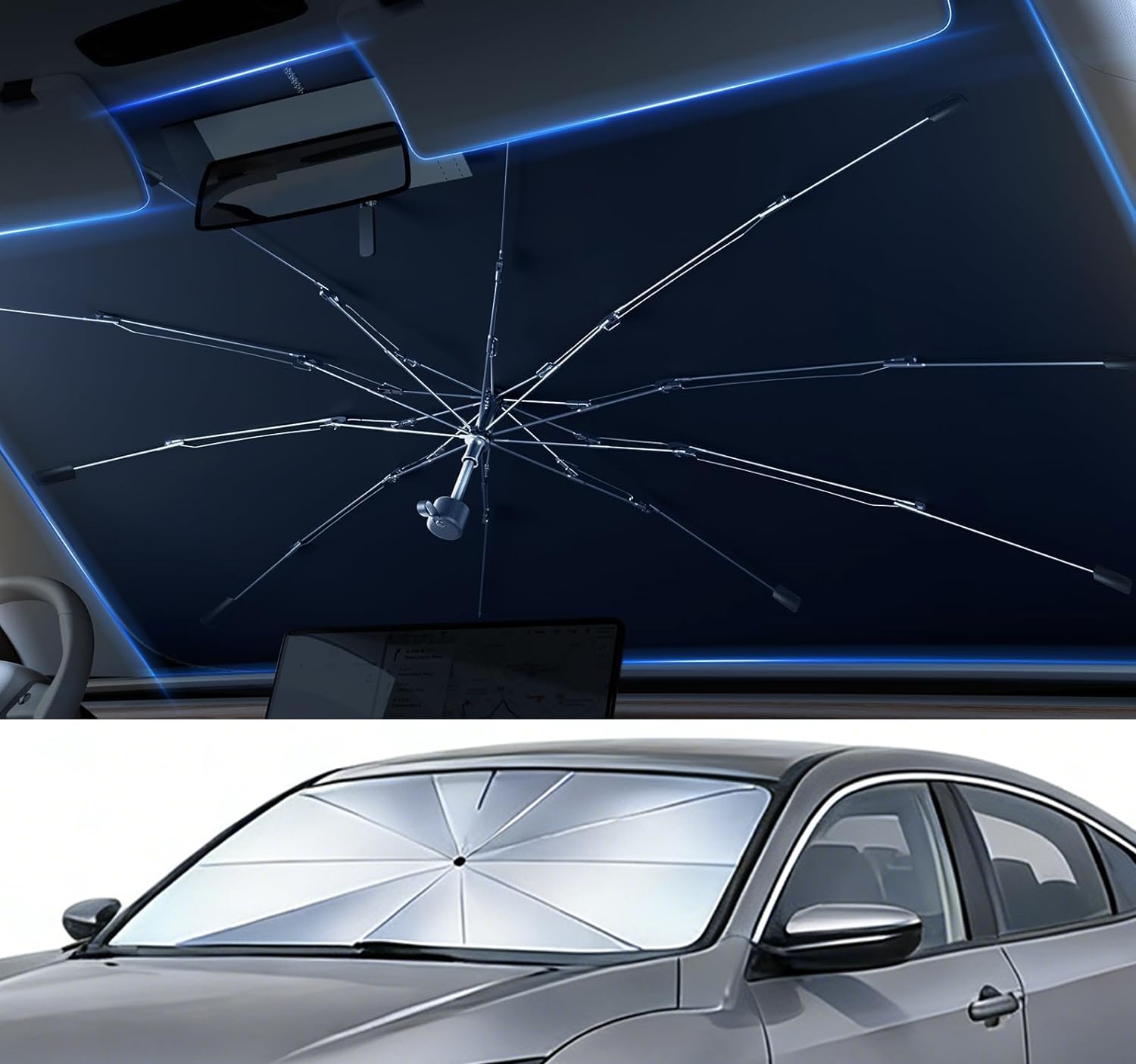 [2026 Upgrade] AKEsepe Windshield Sun Shade Umbrella, Block UV Rays & Sun Heat, Protect Car Interior, Retractable Handle, Zipper with Bandage,