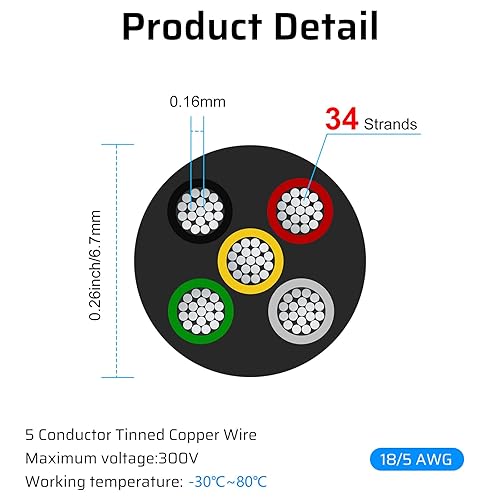 Vista 51 de Cable eléctrico de calibre 18, 8 conductores, cable de cobre estañado trenzado de 100 pies, cable de alambre 18AWG 8 con chaqueta de PVC negro