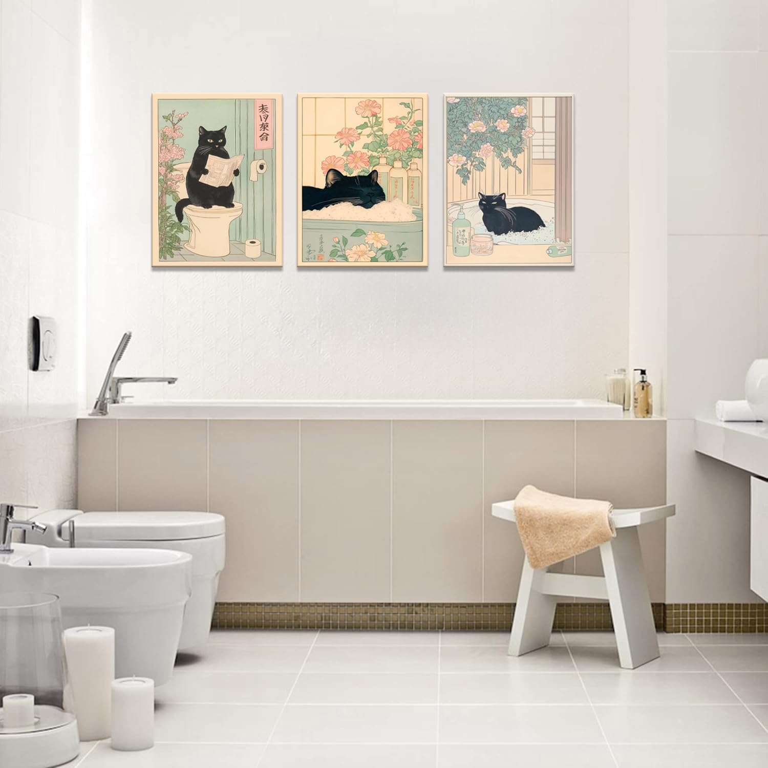 Funny Bathroom Wall Art Set of 3, Japanese Cute Black Cat Wall Decor Paintings, Rustic Animal Pictures Canvas Prints Home Decor for Bathroom Toilet, 12x16 inch Framed - Image 3