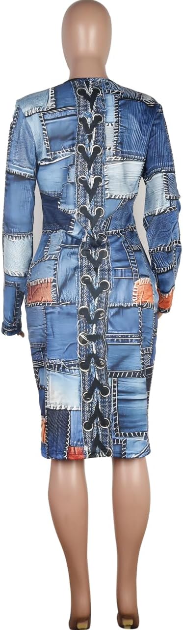 WOKANSE Women's Long Sleeve Faux Denim Printed Dress Bodycon Stretchy Midi Dresses for Party Club - Image 4